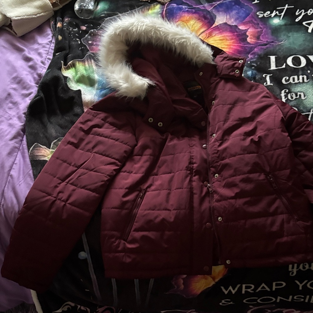 Ambiance Maroon Puffer Jacket with Faux Fur Trim